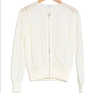 NWT REISS Ive Pointelle Knit Zip Front Bomber Cardigan In White